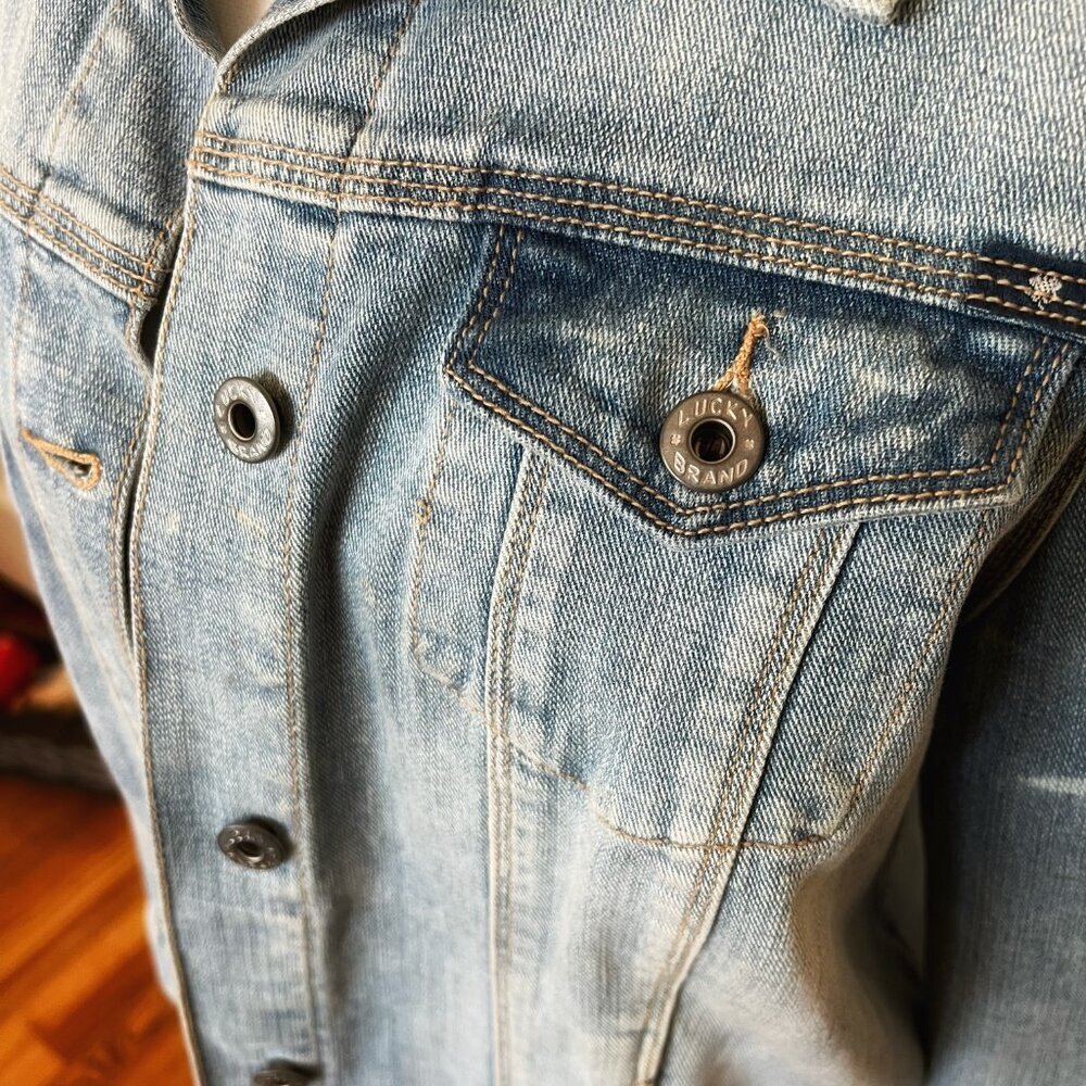 Patchwork Boho Vtg Inspired Lucky Brand Statement Denim Jacket 70s  Reworked L - Picture 6 of 14